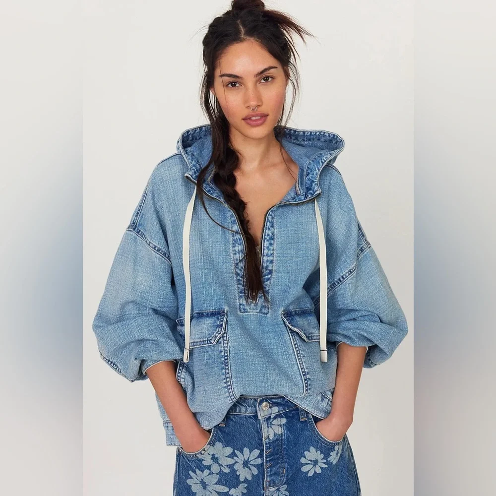 WE THE FREE/FREE PEOPLE CASEY DENIM PULLOVER HOODIE SIZE S NWOT - Picture 2 of 6